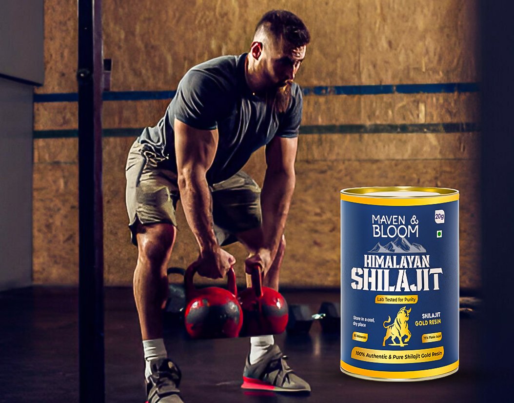 Man lifting weights with supplement nearby.