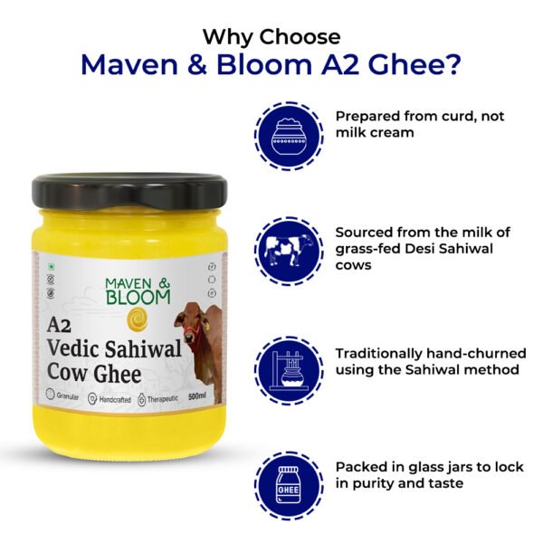 Pure A2 Vedic Sahiwal Cow Ghee in glass jar for health and cooking.